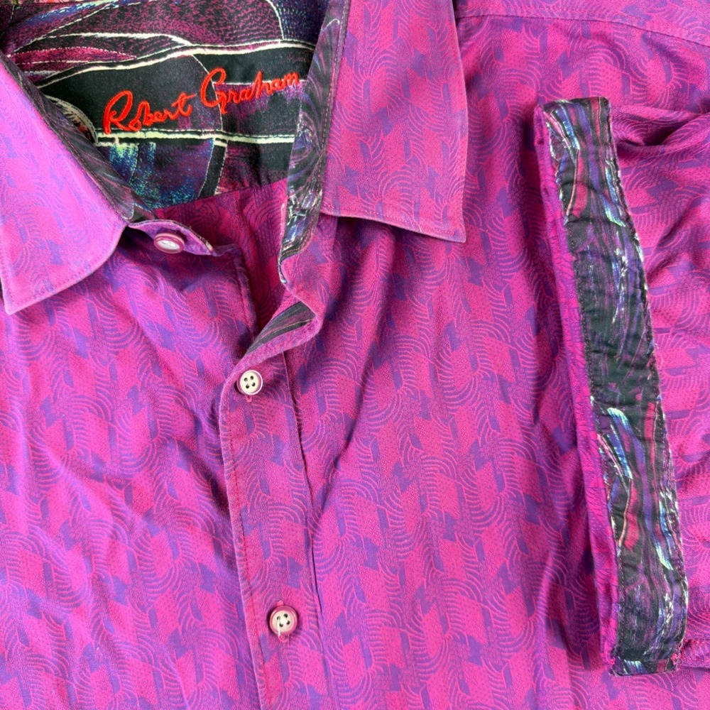 Robert Graham Button Up Shirt Men 2XL Purple Jacquard Short Sleeve Luxury